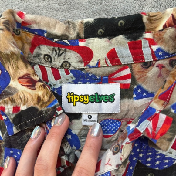 Tipsy Elves Men's All Over USA Cat Print Button Down Shirt America Patriotic - Picture 4 of 5